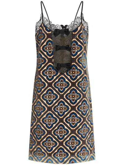 Etro Medallion Lace Mini Tank Dress In Navy Blue