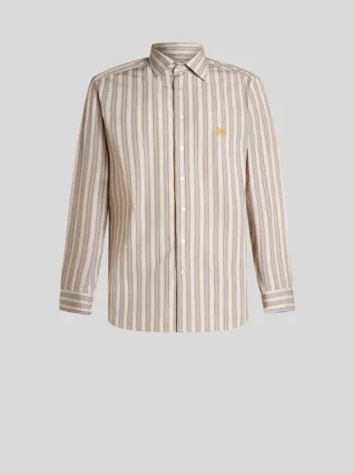 Etro Pegaso-embroidered Striped Shirt In Neutrals