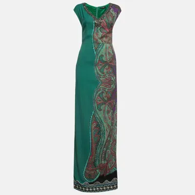 Pre-owned Etro Green Printed Crepe Detailed Neck Maxi Dress S