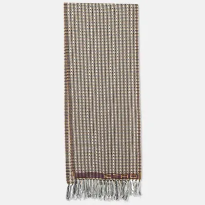 Pre-owned Etro Grey Textured Wool Fringed Muffler