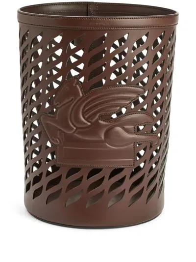 Etro Home Pegaso-motif Leather Vase In Brown