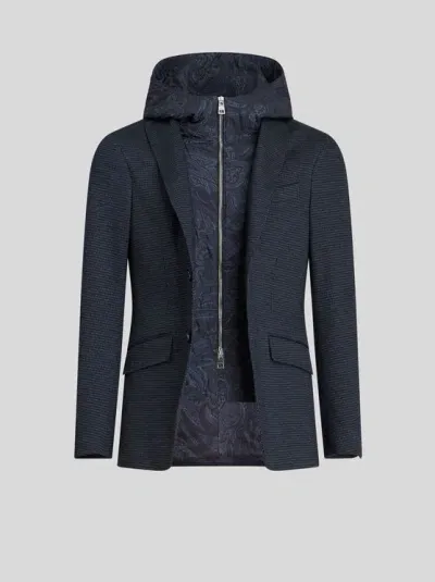 Etro Jacquard Blazer With Hood In Navy Blue