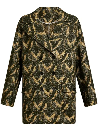 Etro Jacquard Double-breasted Coat In Green