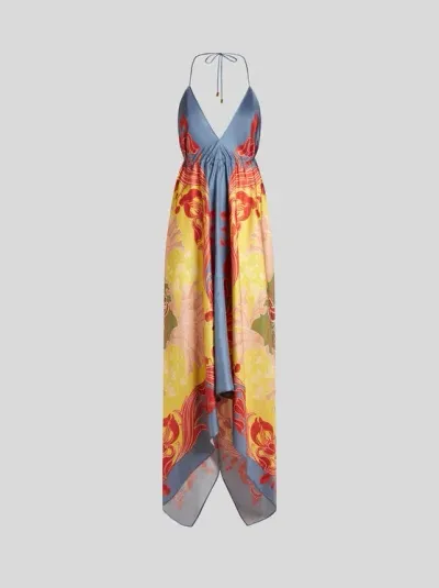 Etro Graphic-print Silk Dress In Blue