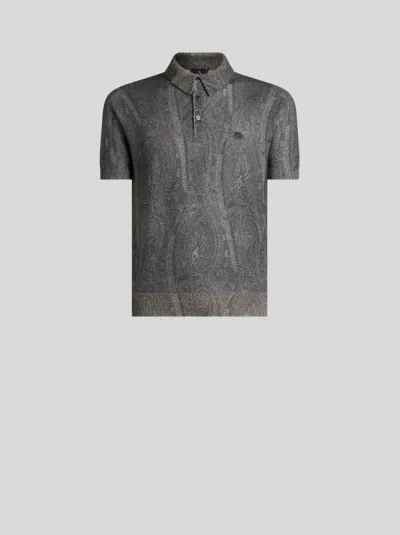 Etro Knit Polo-shirt With Paisley Print In Black