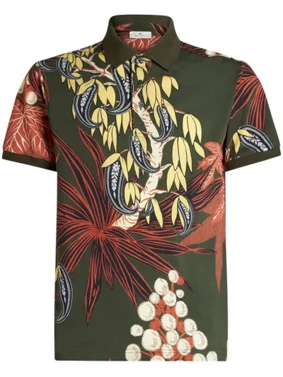 Etro Leaf-print Polo Shirt In Green