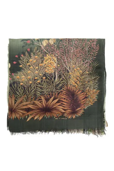 Etro Leaf Printed Fringed Scarf In Green