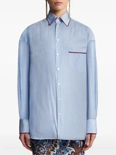 Etro Light Blue Striped Shirt With Burgundy Details