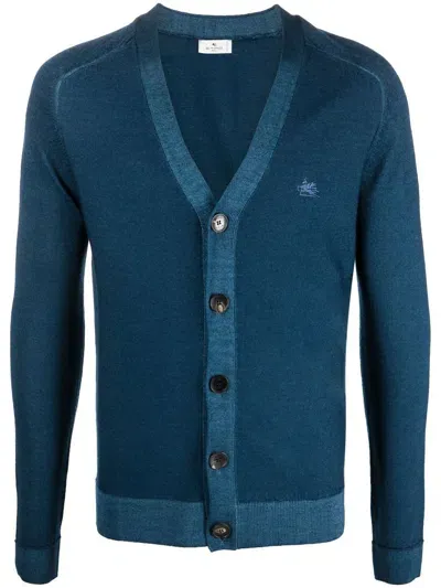 Etro Logo-embroidered Wool Cardigan In Blau