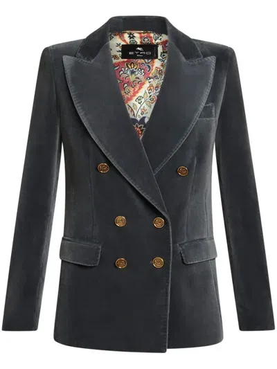 Etro Logo-engraved Buttons Velvet Blazer In Black