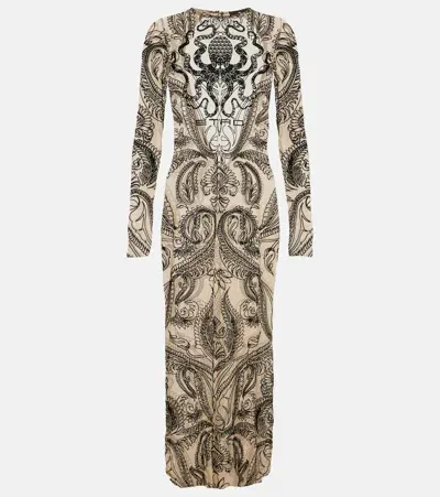 Etro Logo Printed Tulle Midi Dress In Beige