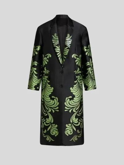 Etro Jacquard Brocade Coat In Green