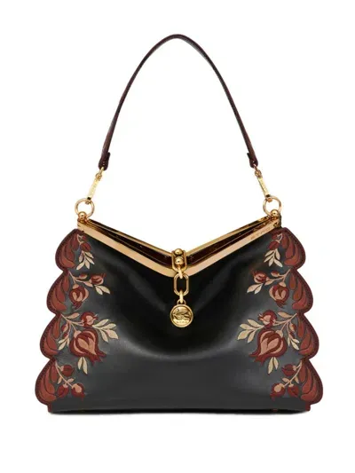 Etro Medium Embroidered Vela Shoulder Bag In Black