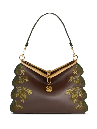 Etro Medium Embroidered Vela Shoulder Bag In Brown