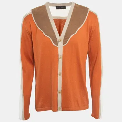 Pre-owned Etro Orange Faux Suede Trim Knit Panel Detail Button Front Cardigan Xxl