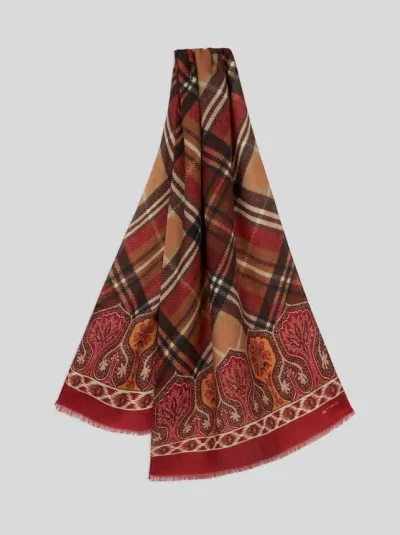 Etro Paisley And Check Print Scarf In Red