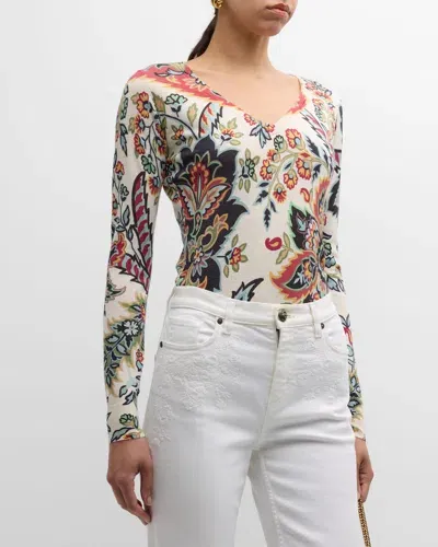 Etro Paisley Blossom Stamps V-neck Long-sleeve Sweater In Neutrals