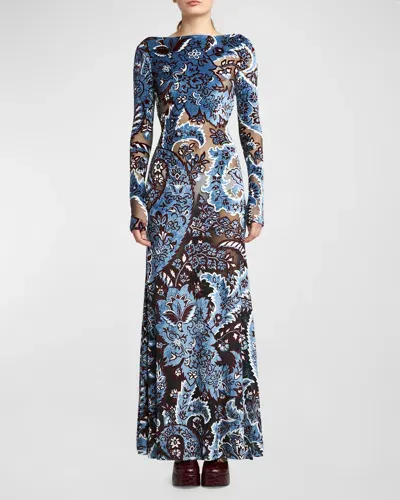 Etro Paisley Devore Mesh Long-sleeve Backless Gown In Multicolour On Pale