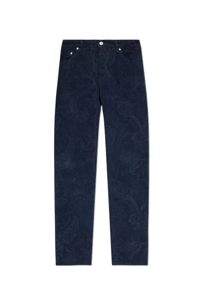 Etro Paisley Printed Velvet Trousers In Navy