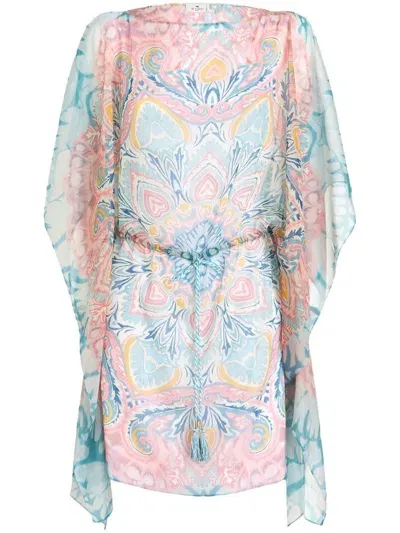 Etro Draped Graphic-print Shift Dress In White,multicolor