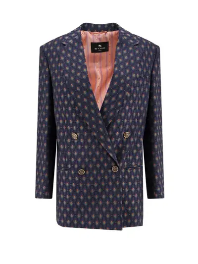 Etro Patterned Jacquard Straight Hem Jacket In Blue