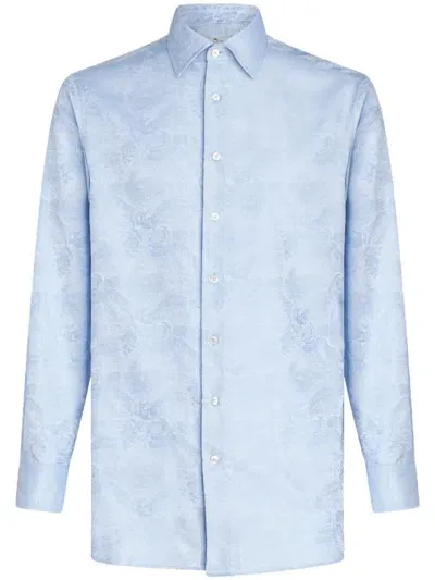 Etro Long-sleeve Jacquard Cotton Shirt In Blau