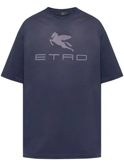 Etro Printed Logo Cotton T-shirt In Blue