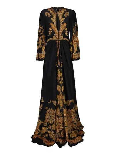 Etro Pleated Sleeves Long Dress In Black