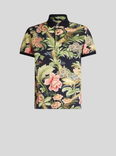 Etro Floral-print Cotton Polo Shirt In Blue