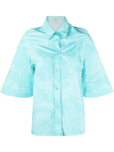 Etro Printed Cotton Shirt In Light Blue