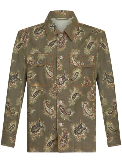 Etro Paisley-print Denim Shirt Jacket In Green