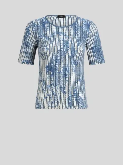 Etro Printed Knit T-shirt In Blue