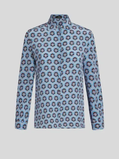 Etro Printed Silk Shirt In Blue