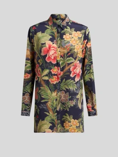 Etro Printed Silk Shirt In Blue