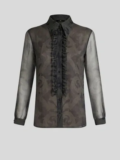 Etro Printed Silk Shirt With Ruching In Grey