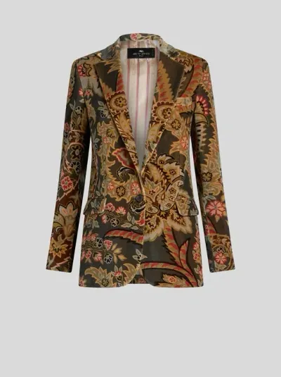 Etro Paisley-print Velvet Blazer In Brown