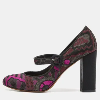 Pre-owned Etro Purple/black Brocade Fabric Block Heel Pumps Size 37