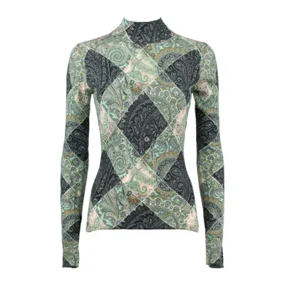 Etro Rib-printed Wool Mock Neck Sweater In Green