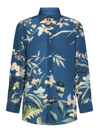 Etro Floral Print Collared Button In Blue