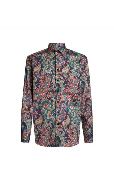 Etro Printed Cotton Shirt In Blue