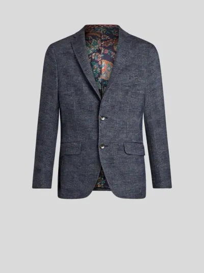 Etro Silk And Alpaca Wool Blazer In Navy Blue