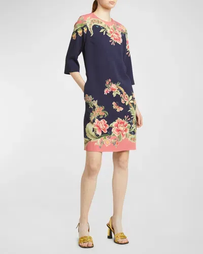 Etro Silk Enchanted Garden Engineered 34 Sleeve Sheath Dress In Print On Blue Base