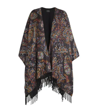 Etro Silk-wool Floral Fringe Cape In Black