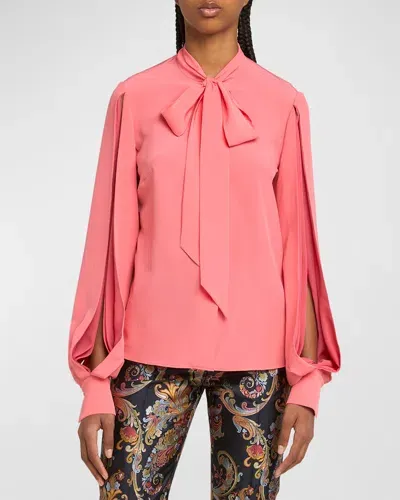 Etro Slit-sleeve Neck-tie Silk Blouse In Korall