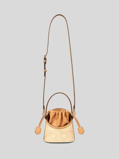 Etro Small Saturno Raffia Bucket Bag In Beige