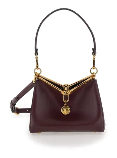 Etro 'small Vela' Bordeaux Shoulder Bag With Logo And Pegasus Charm In Leather Woman In Red