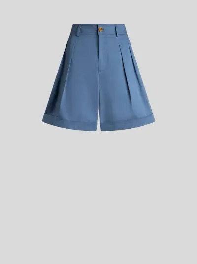 Etro Pleat-detailing Cotton-blend Shorts In Blue