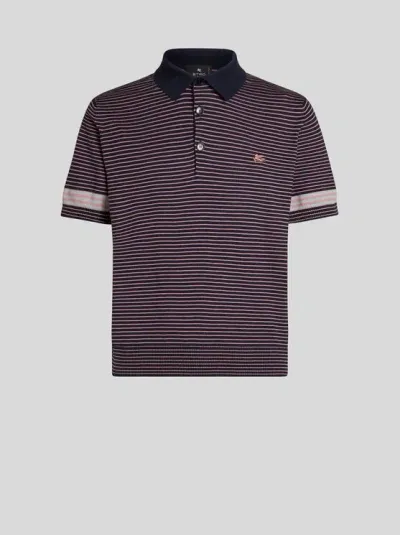 Etro Striped Knitted Polo Shirt In Blue