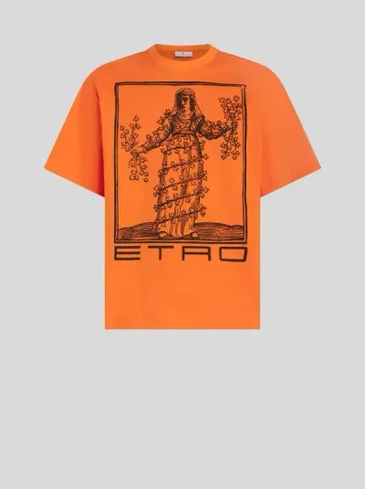 Etro Allegory Of Strength-print Cotton T-shirt In Orange