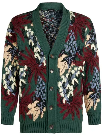 Etro V-neck Jacquard Cardigan In Green